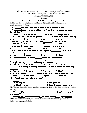 Thi tuyển sinh vào 10 Trung học Phổ thông môn Tiếng Anh - Đề số 1 - Năm học 2013-2014
